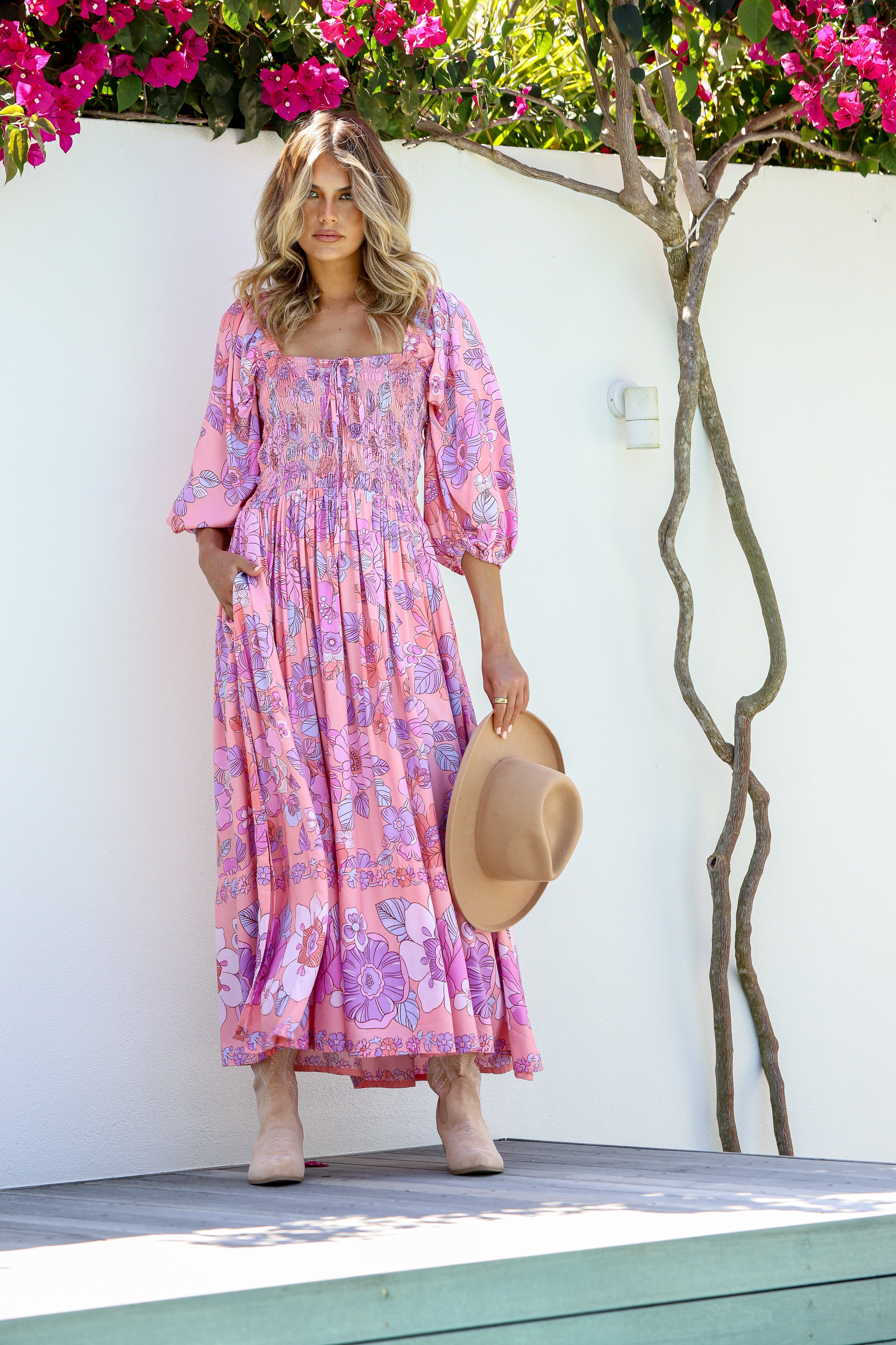 Dreamer Off The Shoulder Shirred Midi Dress - Candyfloss