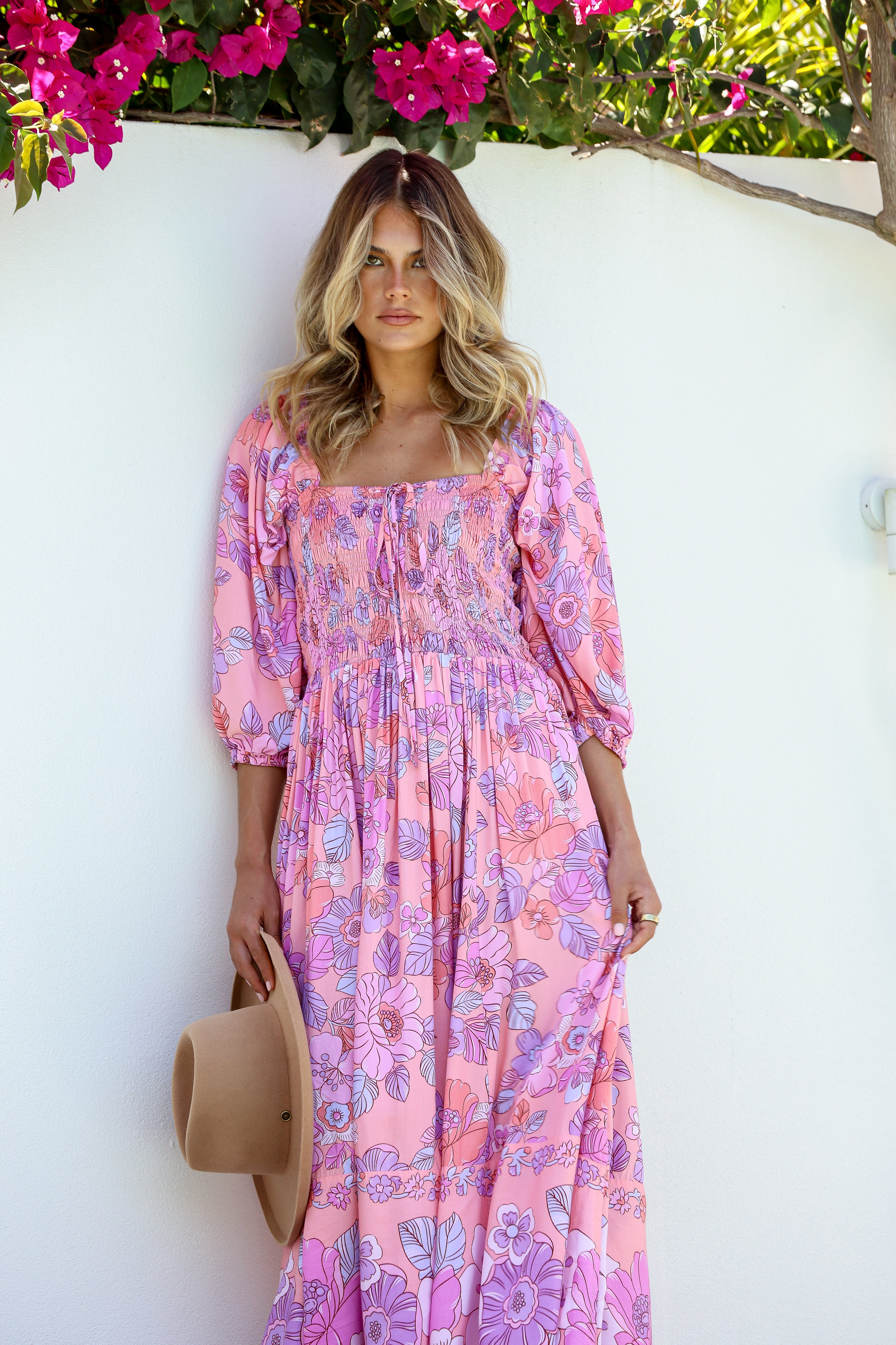 Dreamer Off The Shoulder Shirred Midi Dress - Candyfloss