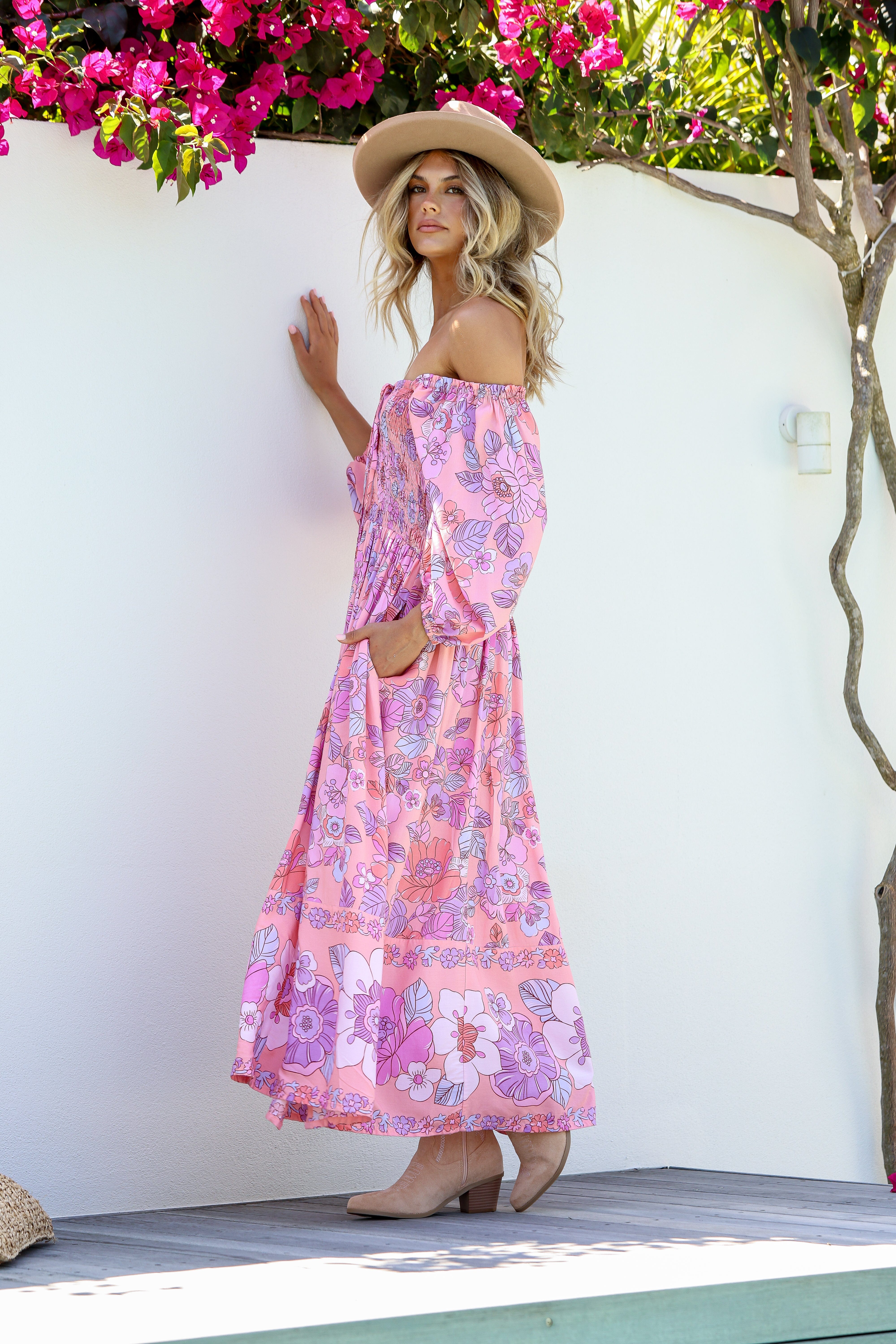 Dreamer Off The Shoulder Shirred Midi Dress - Candyfloss