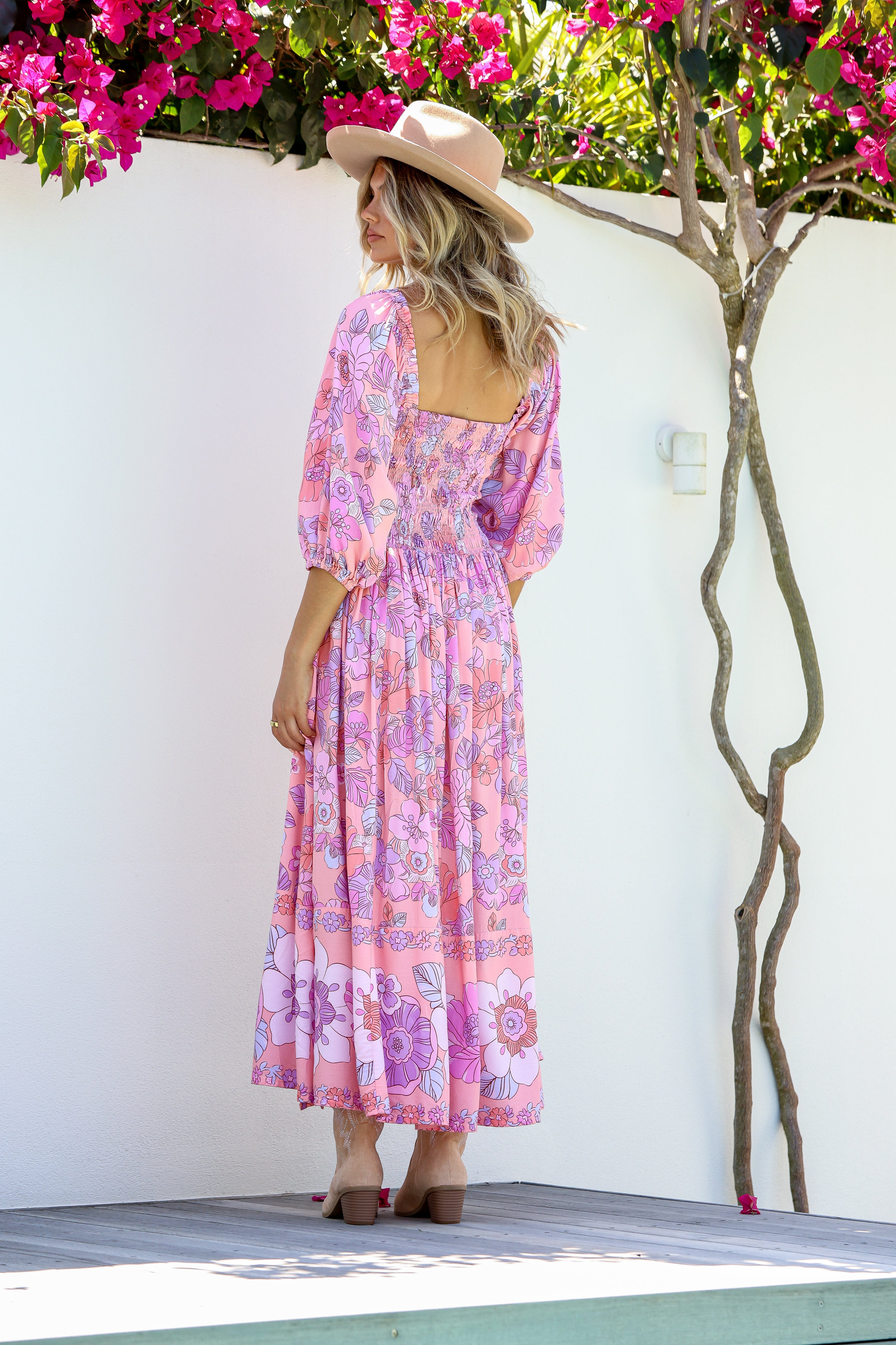 Dreamer Off The Shoulder Shirred Midi Dress - Candyfloss