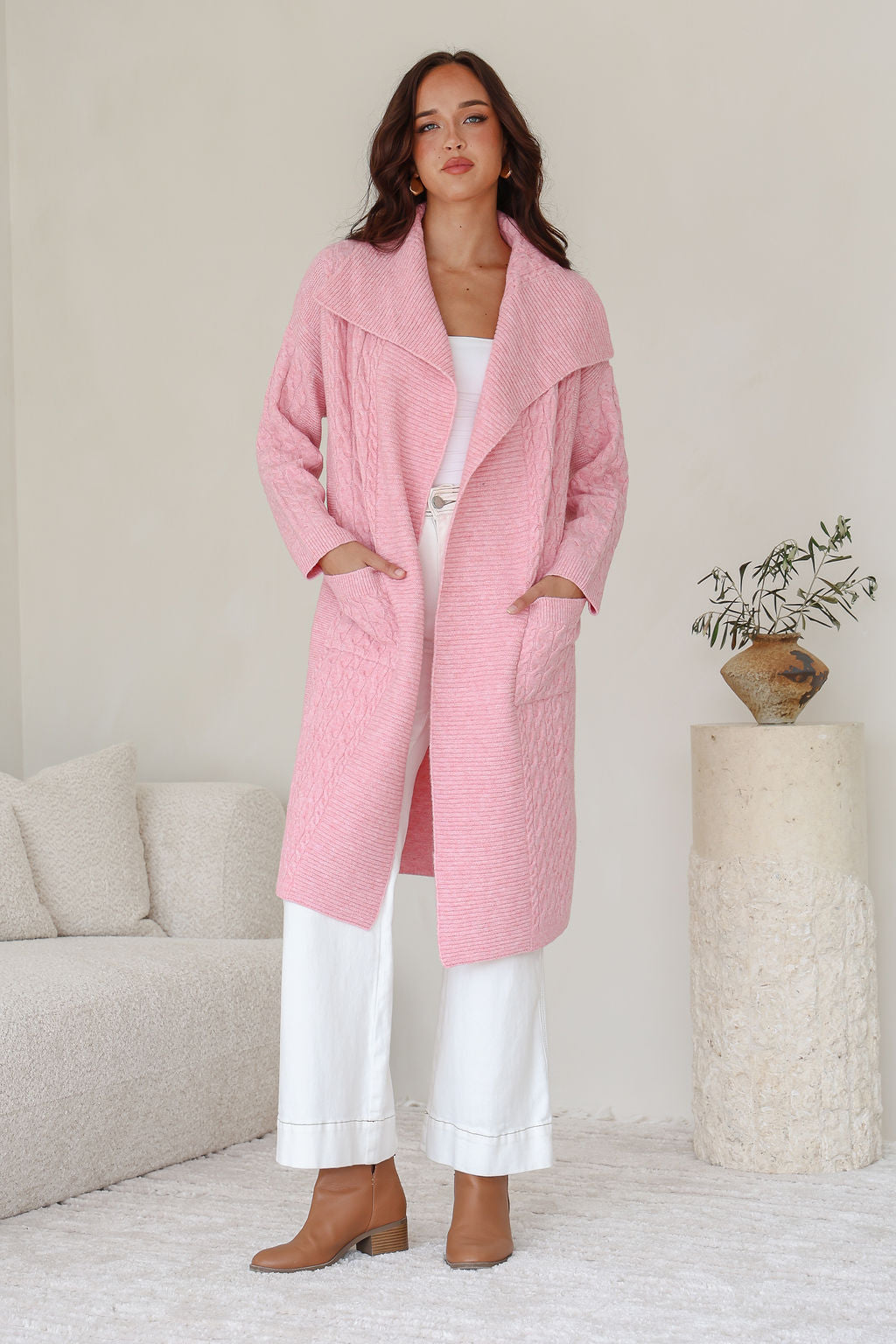 Cabled Long Pocket Cardigan - Pink