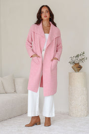 Cabled Long Pocket Cardigan - Pink