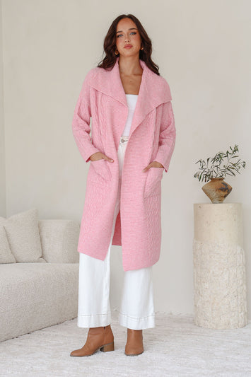 Cabled Long Pocket Cardigan - Pink