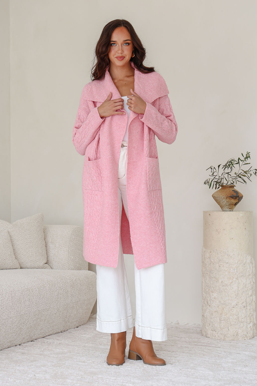 Cabled Long Pocket Cardigan - Pink
