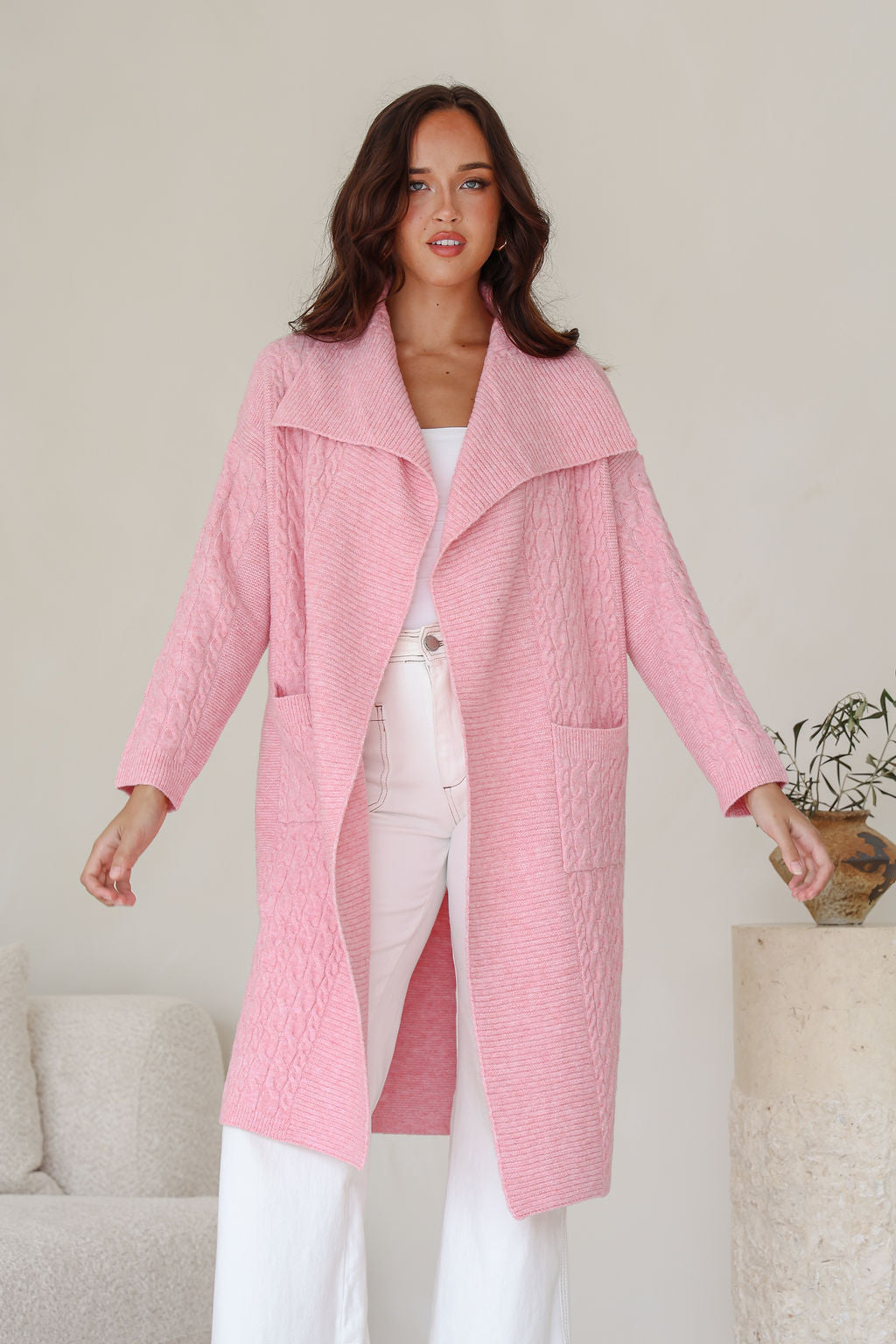 Cabled Long Pocket Cardigan - Pink