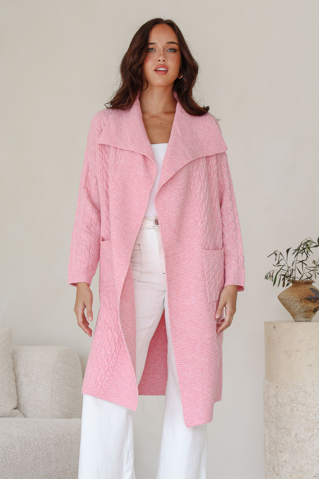 Cabled Long Pocket Cardigan - Pink