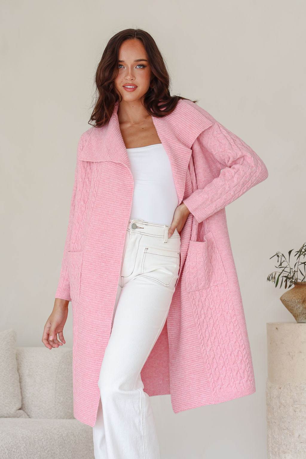 Cabled Long Pocket Cardigan - Pink