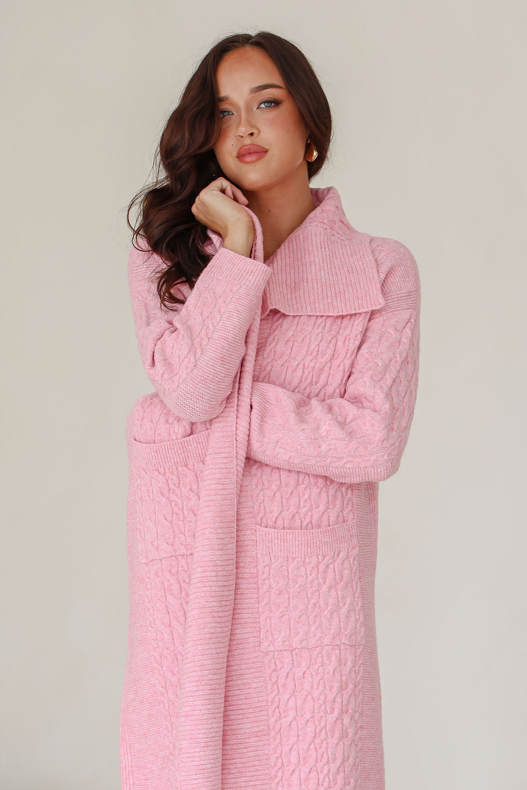 Cabled Long Pocket Cardigan - Pink