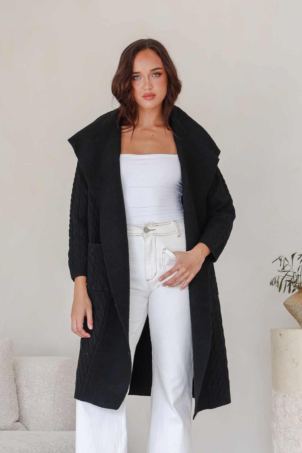 Cabled Long Pocket Cardigan - Black