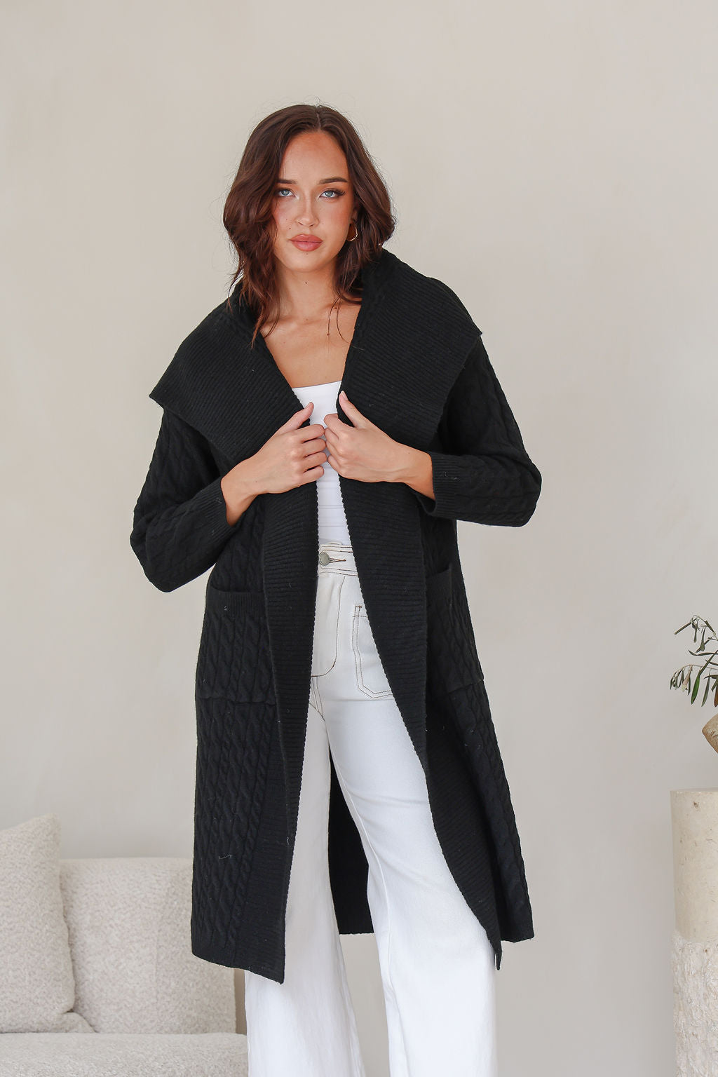 Cabled Long Pocket Cardigan - Black
