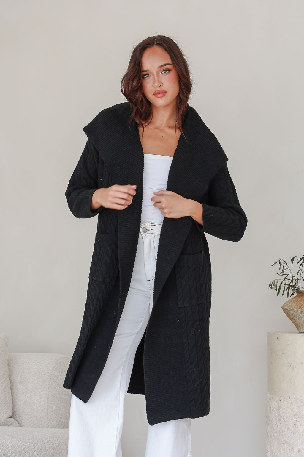 Cabled Long Pocket Cardigan - Black