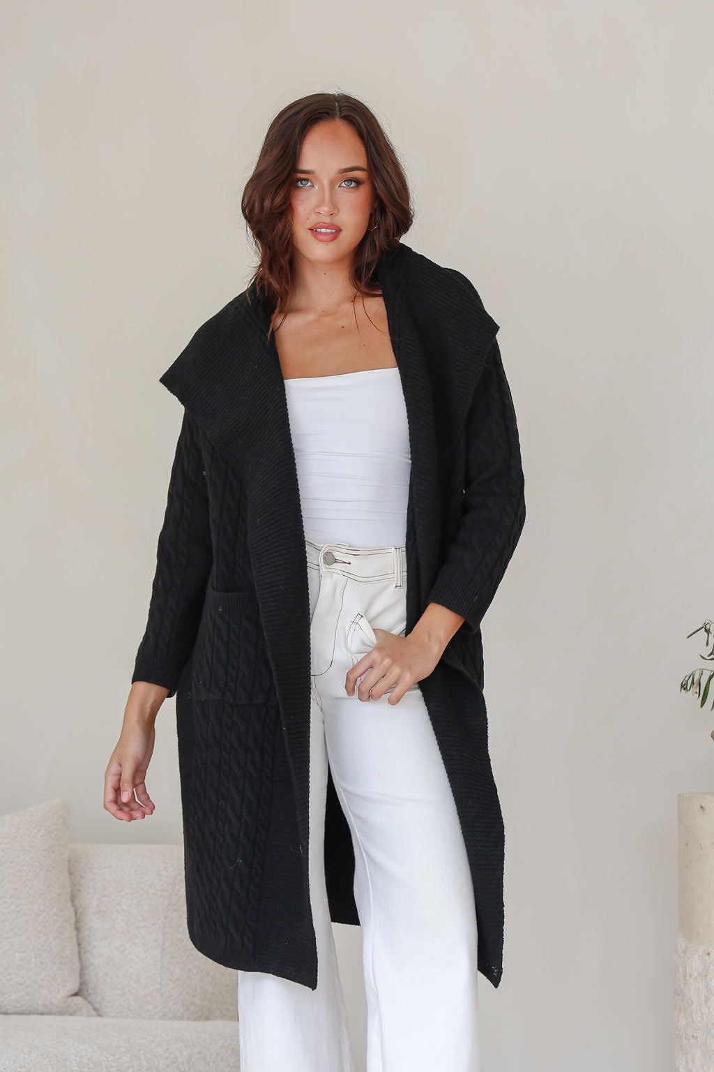 Cabled Long Pocket Cardigan - Black