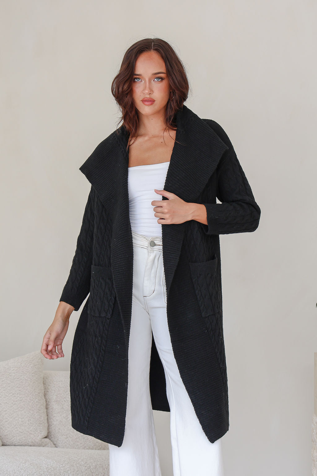 Cabled Long Pocket Cardigan - Black