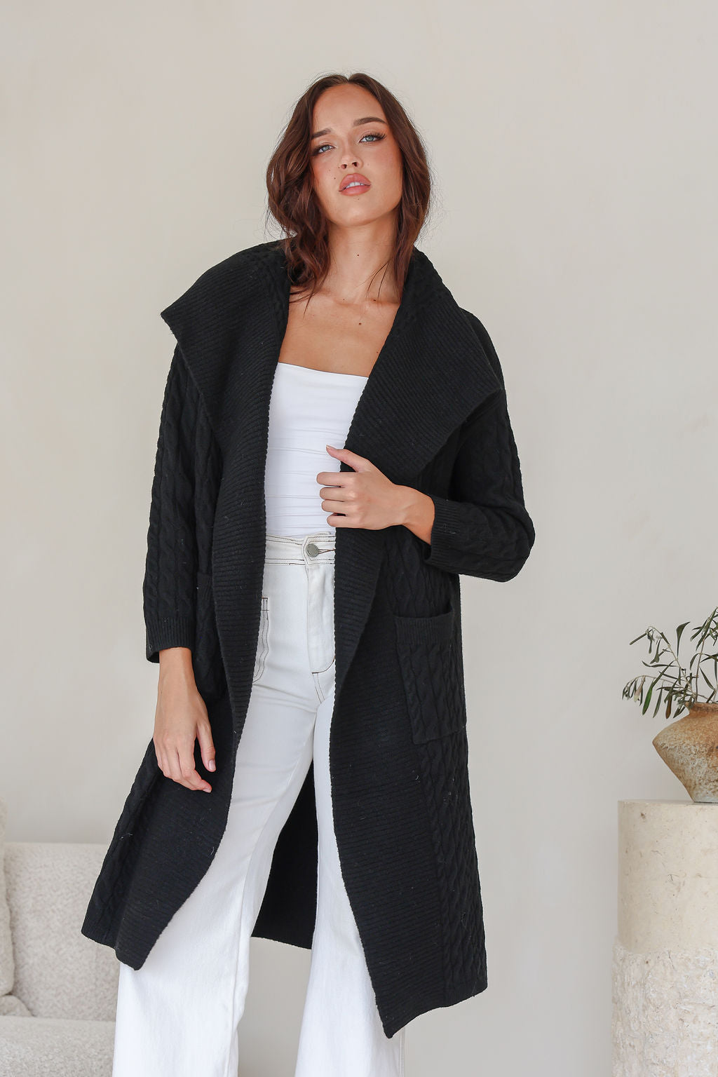 Cabled Long Pocket Cardigan - Black