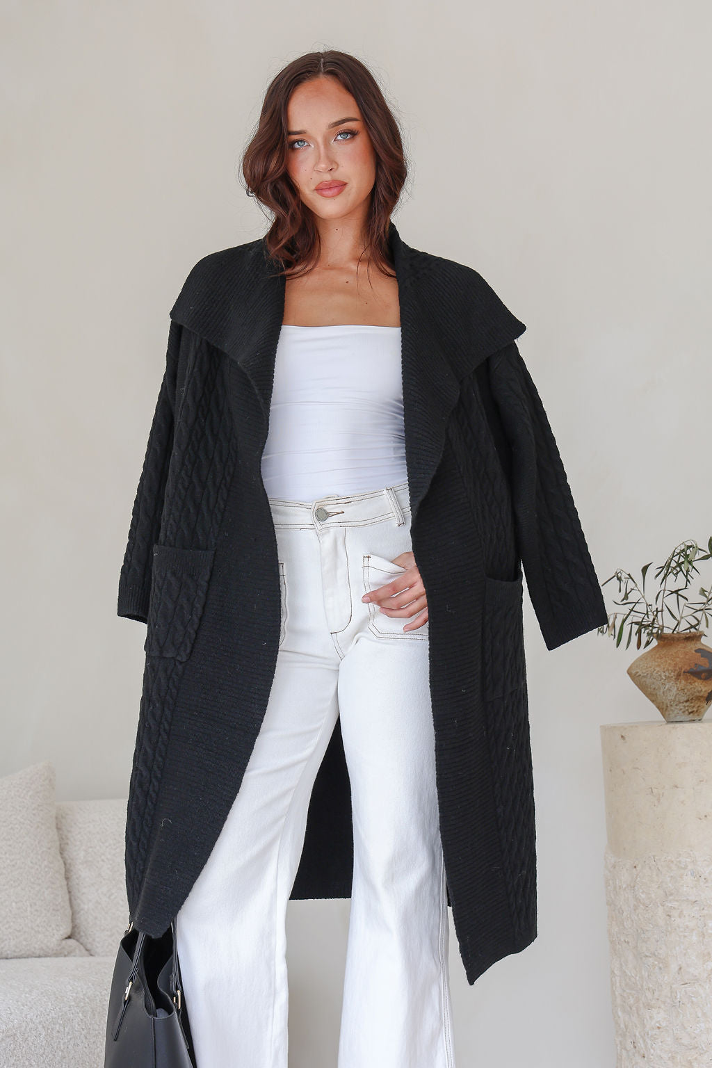 Cabled Long Pocket Cardigan - Black
