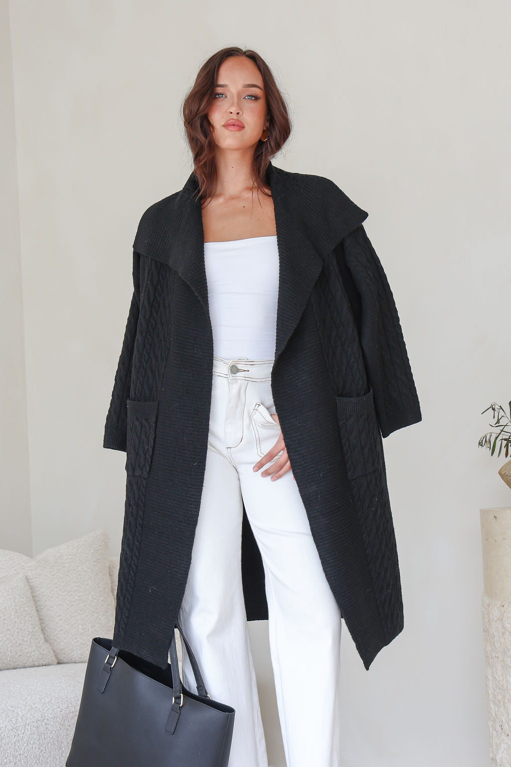 Cabled Long Pocket Cardigan - Black