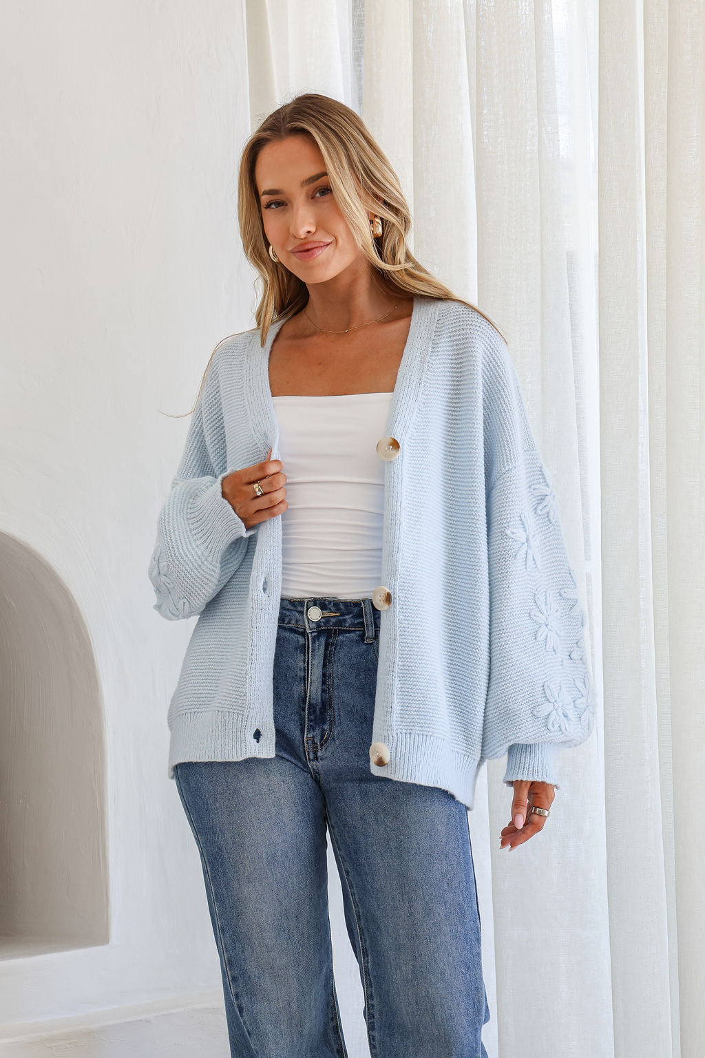 Magnolia Flower Detail Cardigan - Blue