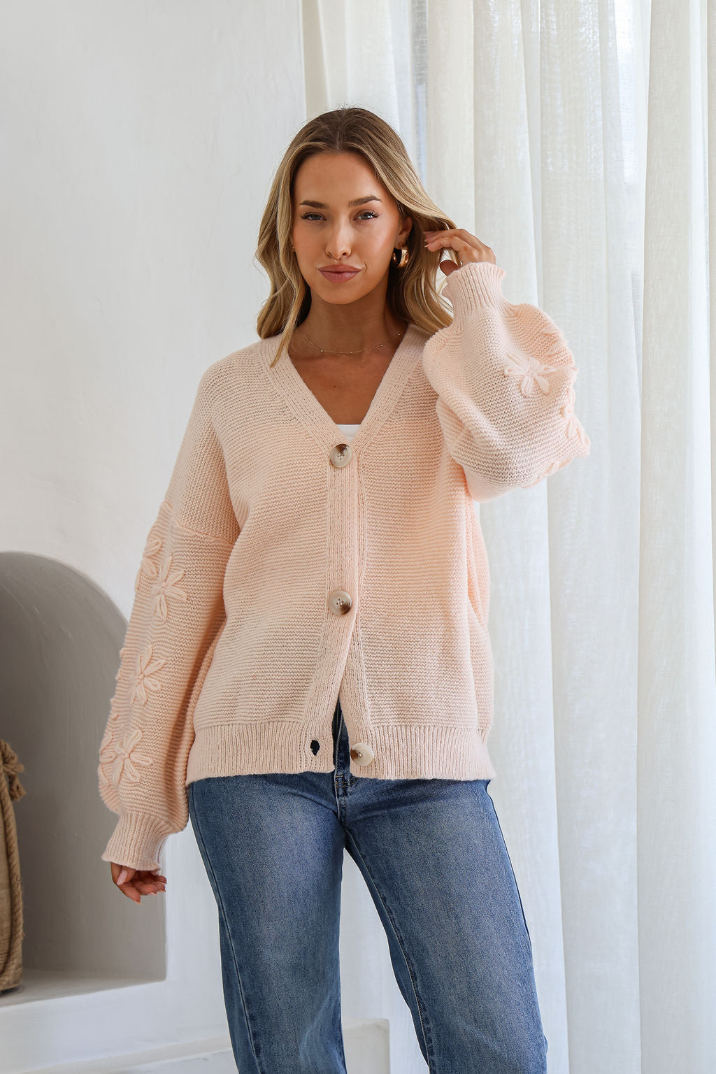 Magnolia Flower Detail Cardigan - Blush