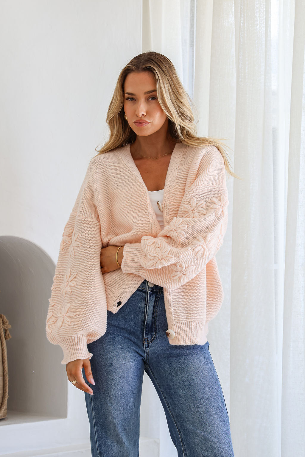 Magnolia Flower Detail Cardigan - Blush