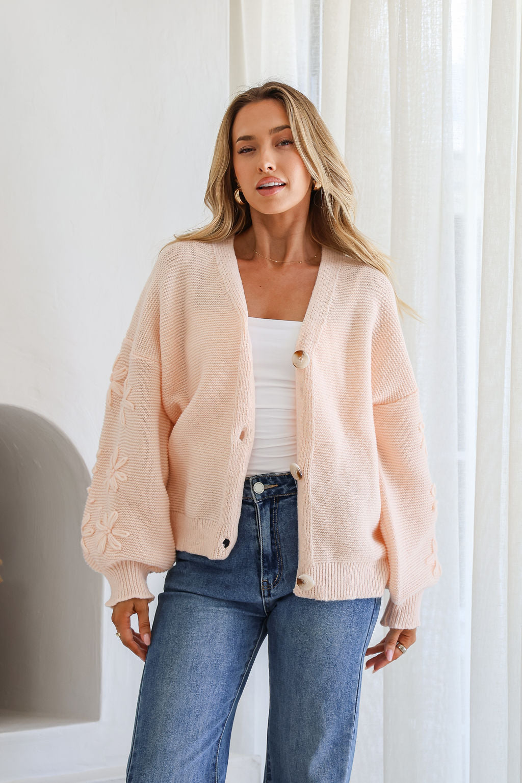 Magnolia Flower Detail Cardigan - Blush