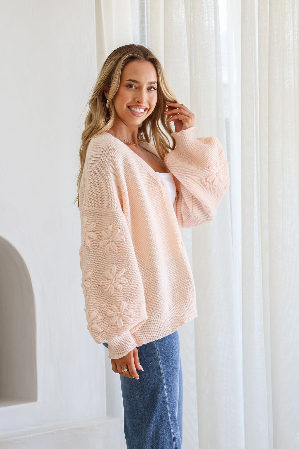 Magnolia Flower Detail Cardigan - Blush