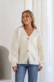 Magnolia Flower Detail Cardigan - Cream
