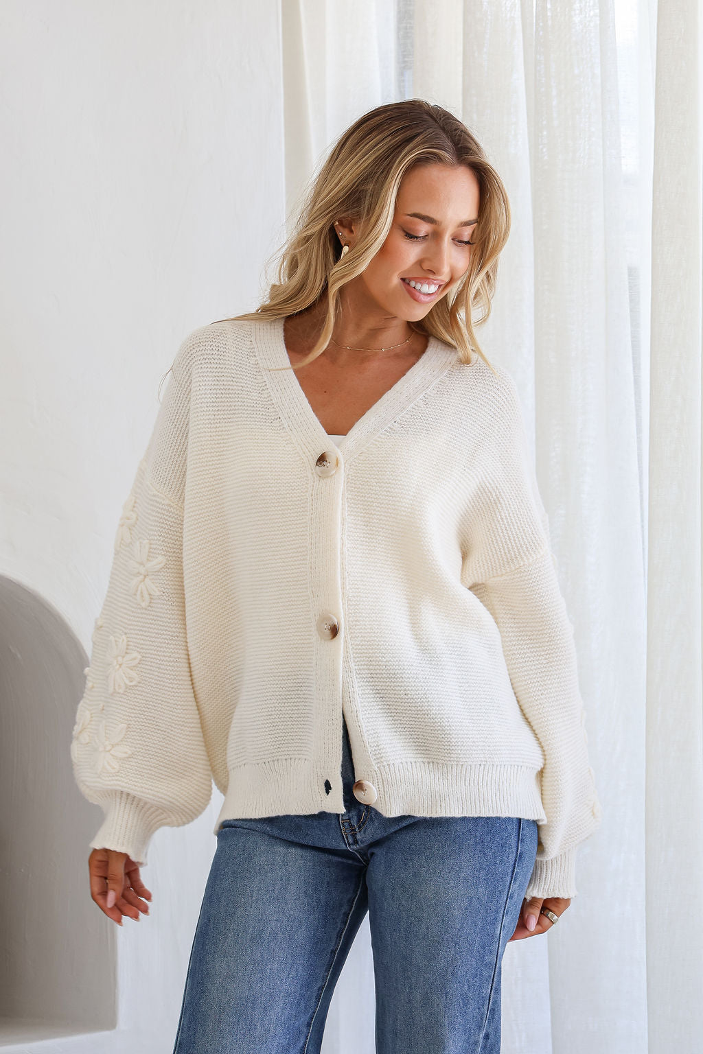 Magnolia Flower Detail Cardigan - Cream