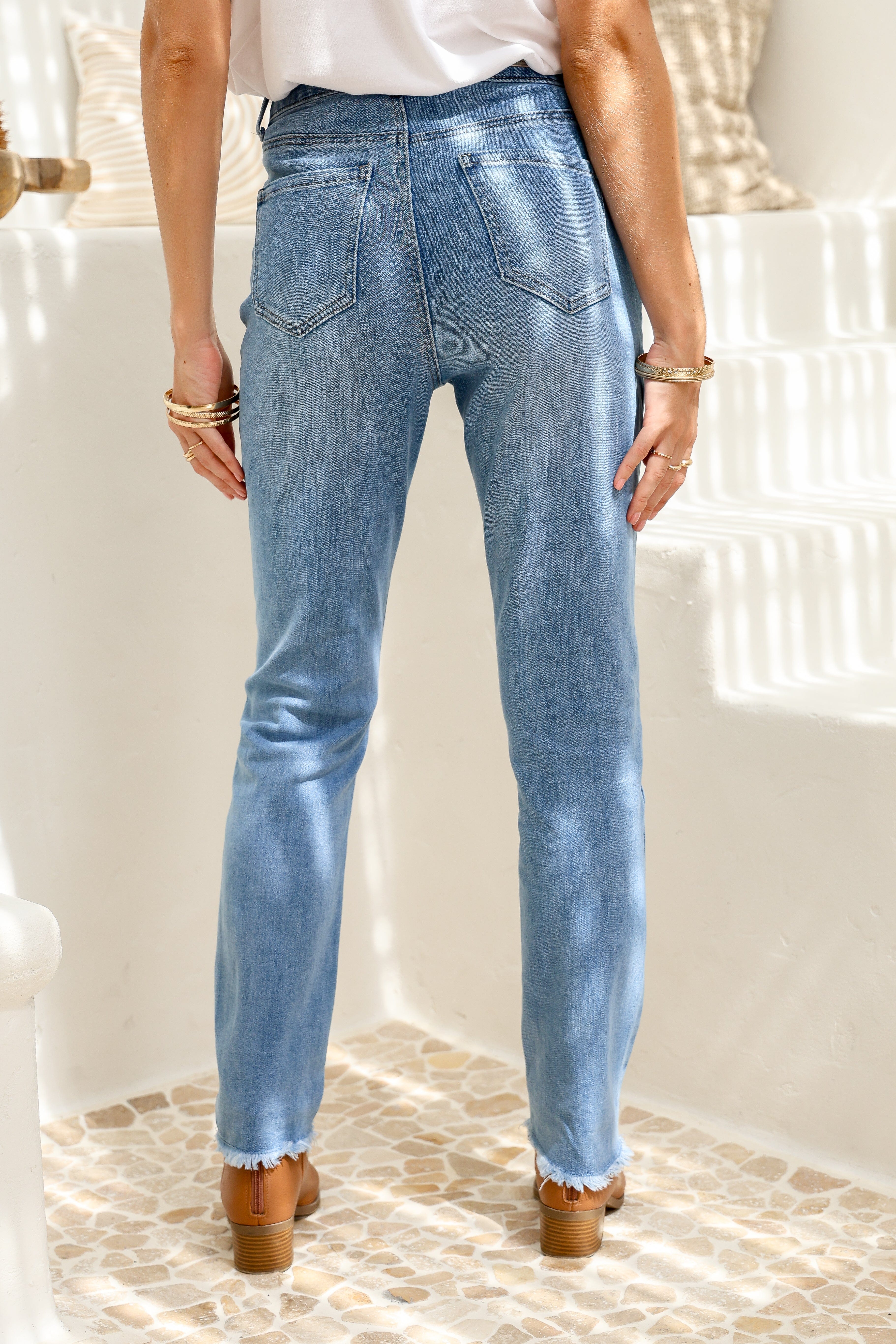 Raw Hem Scratched Mom Jean - Dark Blue