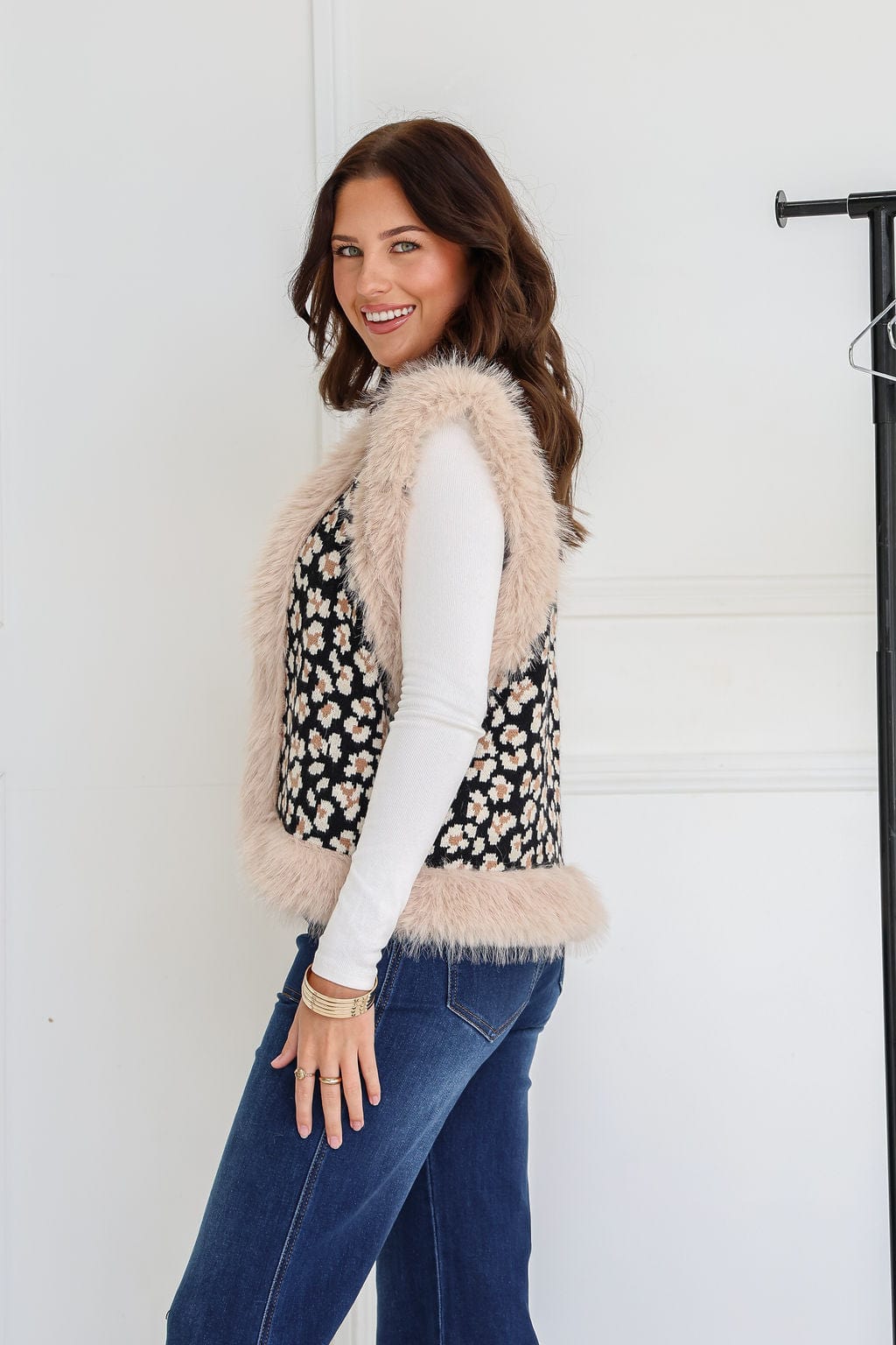 Faux Fur Trim Lombard Vest - Black Leopard Print
