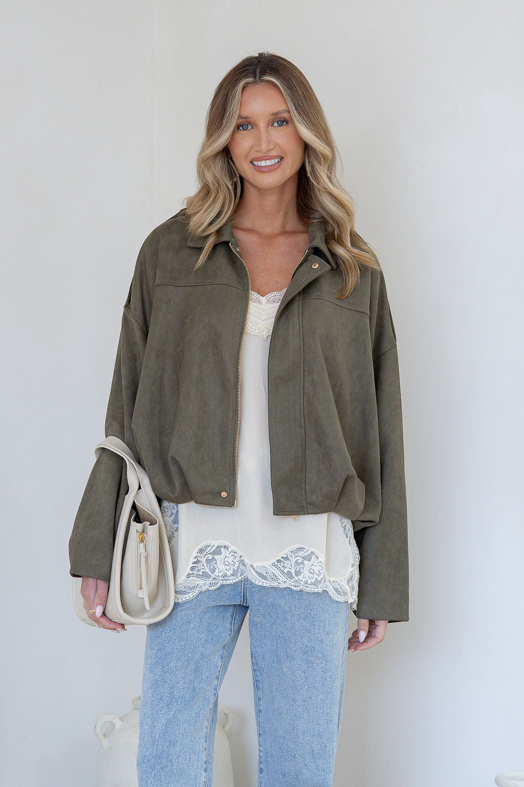 Suede Zip Gather Hem Bomber Jacket – Khaki