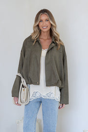 Suede Zip Gather Hem Bomber Jacket – Khaki