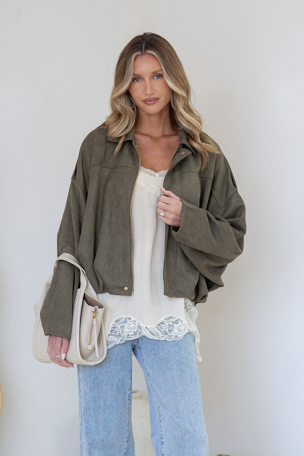 Suede Zip Gather Hem Bomber Jacket – Khaki