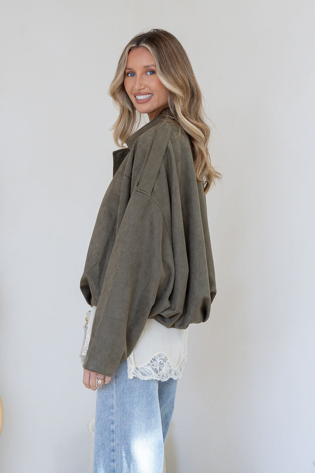 Suede Zip Gather Hem Bomber Jacket – Khaki