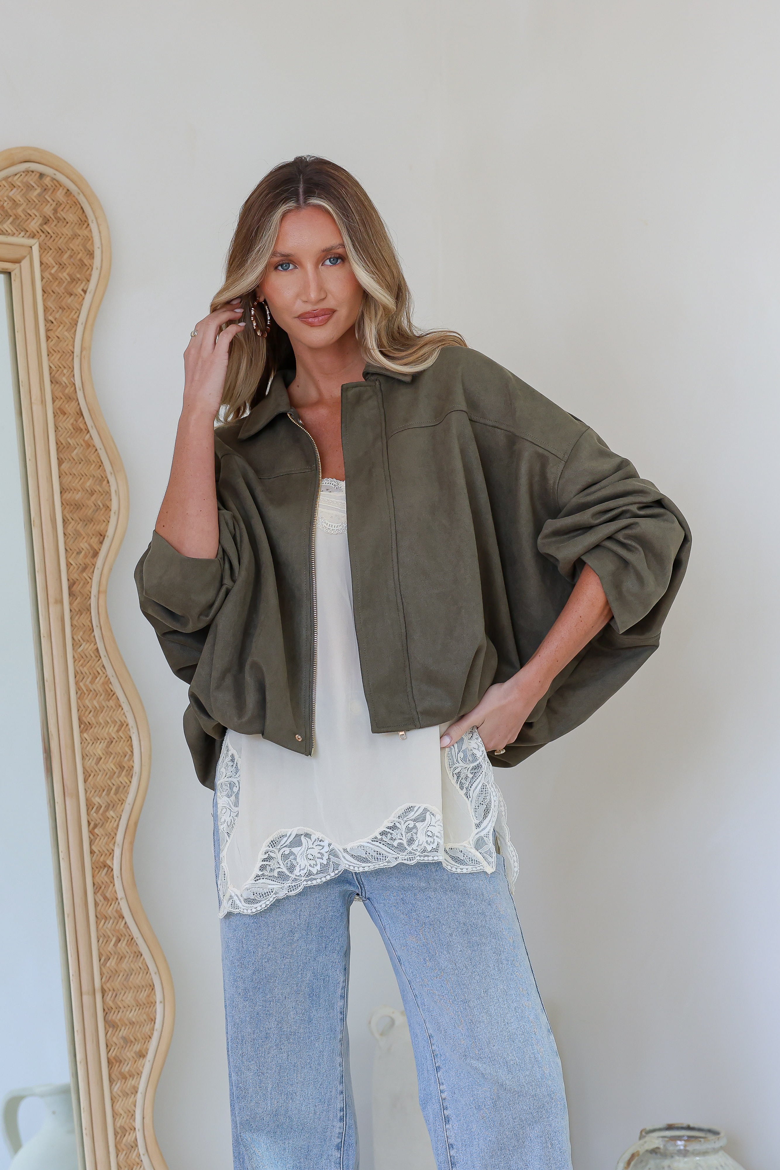 Suede Zip Gather Hem Bomber Jacket – Khaki