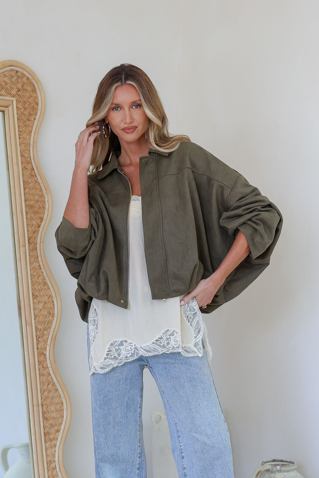 Suede Zip Gather Hem Bomber Jacket – Khaki