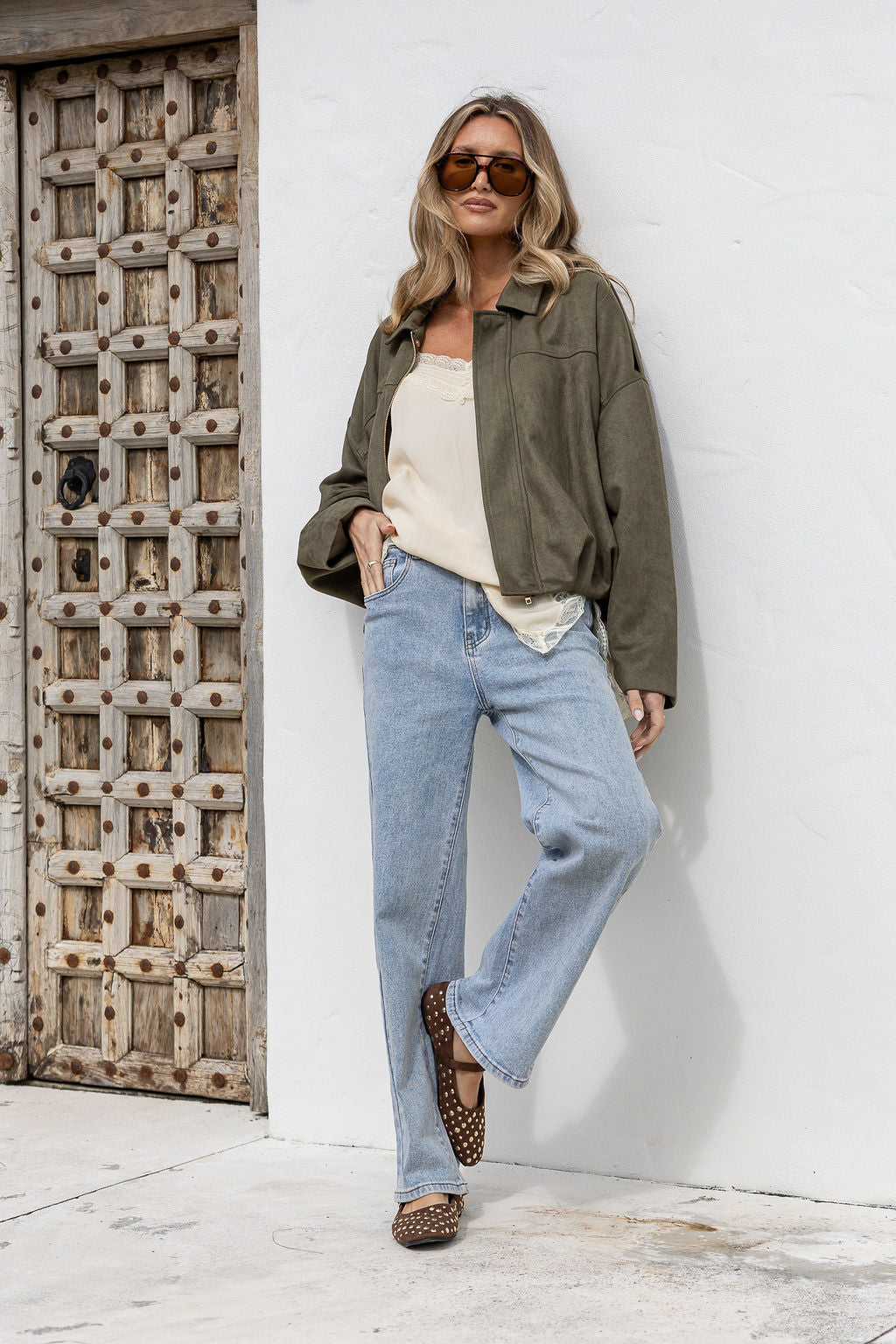 Suede Zip Gather Hem Bomber Jacket – Khaki