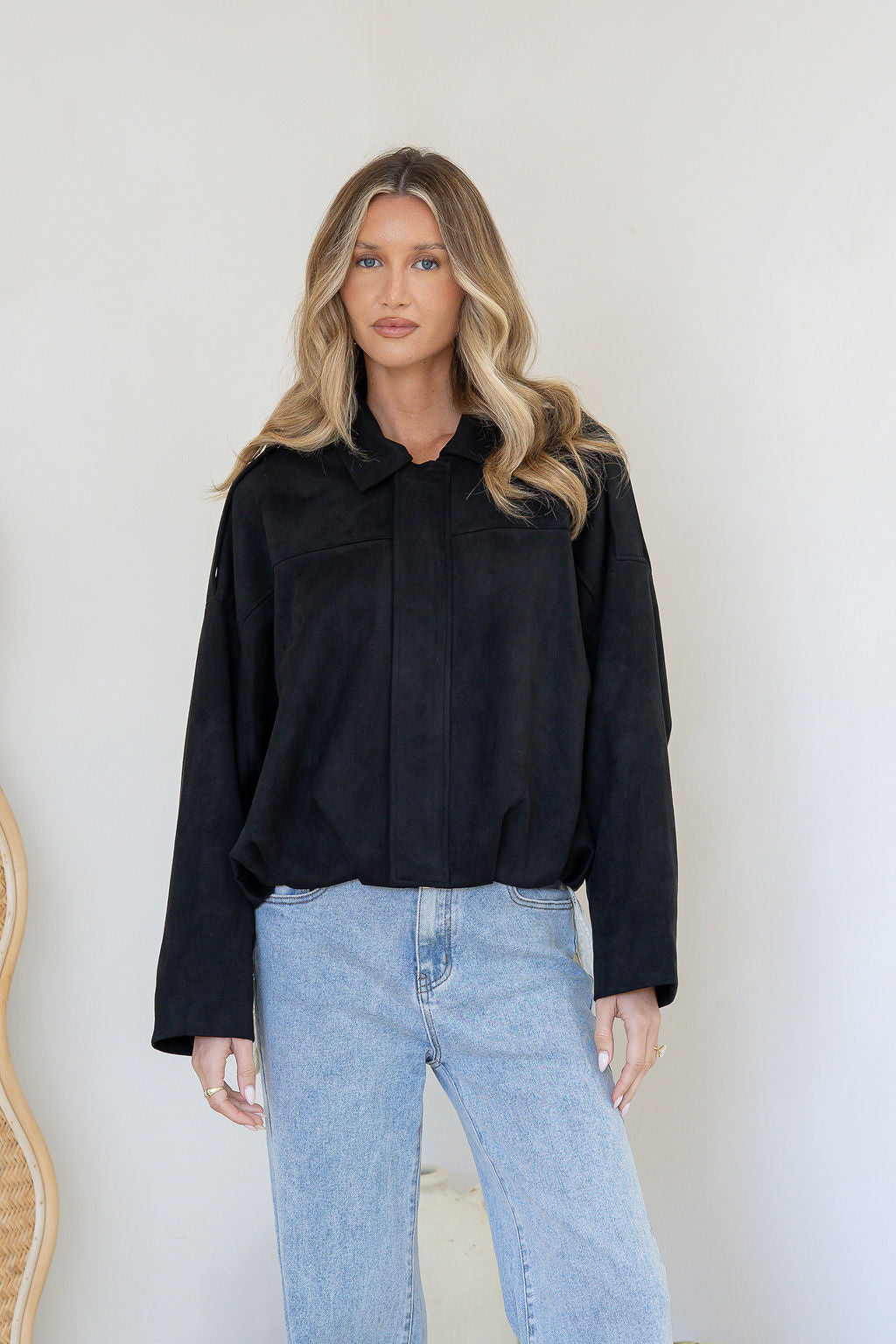 Suede Zip Gather Hem Bomber Jacket Black | Faux Suede | Gypsy And Wolf