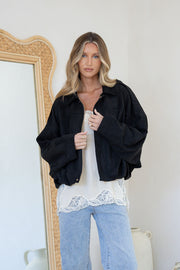 Suede Zip Gather Hem Bomber Jacket - Black
