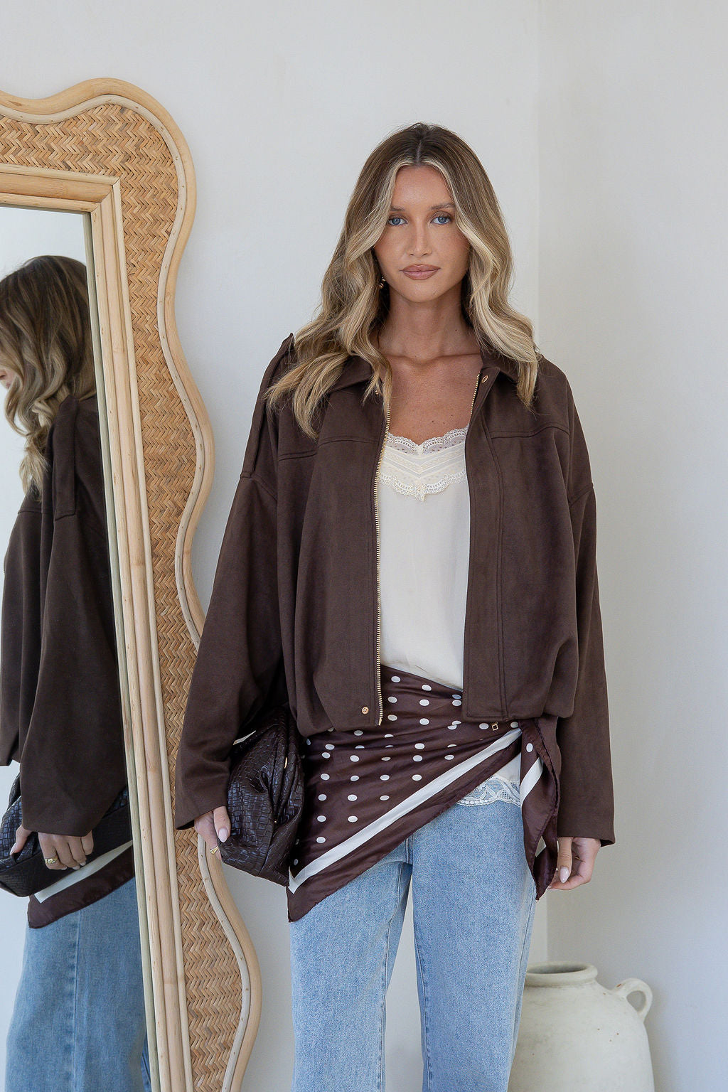 Suede Zip Gather Hem Bomber Jacket - Chocolate