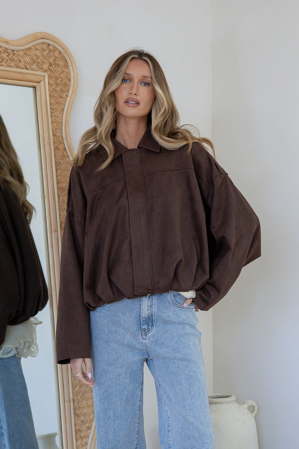 Suede Zip Gather Hem Bomber Jacket - Chocolate