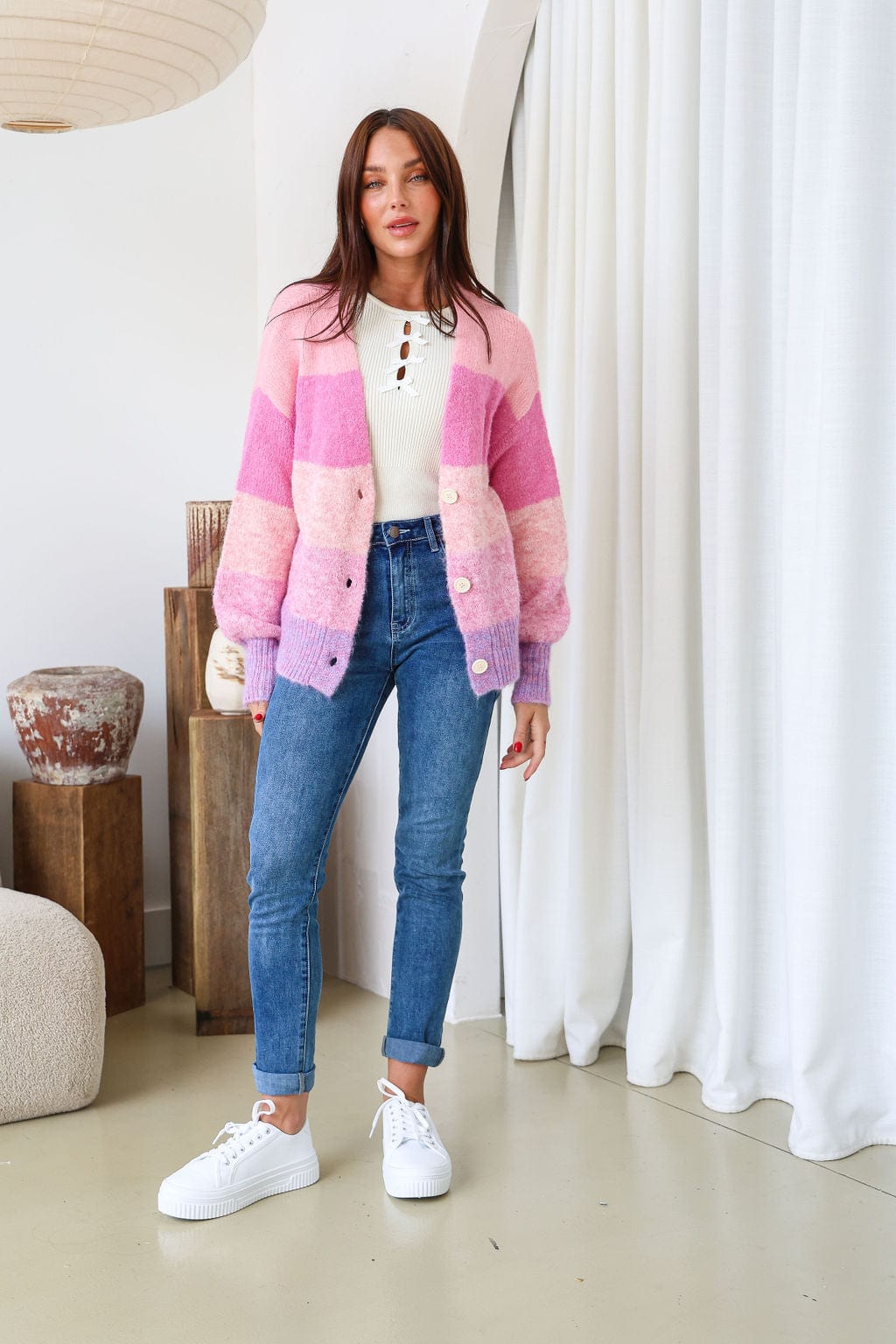 Sadie Striped Cardigan Pink Cosy Wool Blend Boho Knit