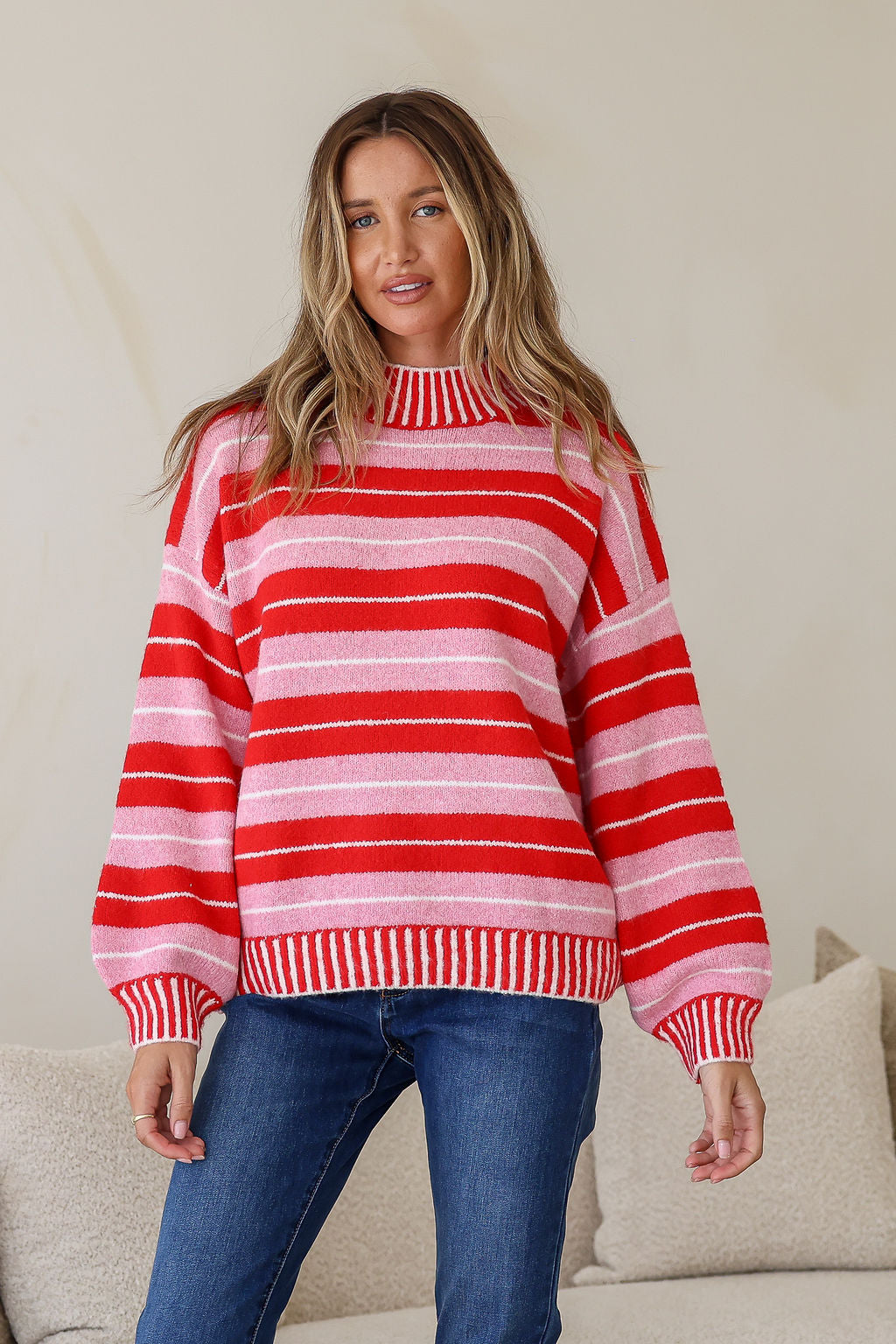 Bedford Stripe High Neck Tilly Knit - Red