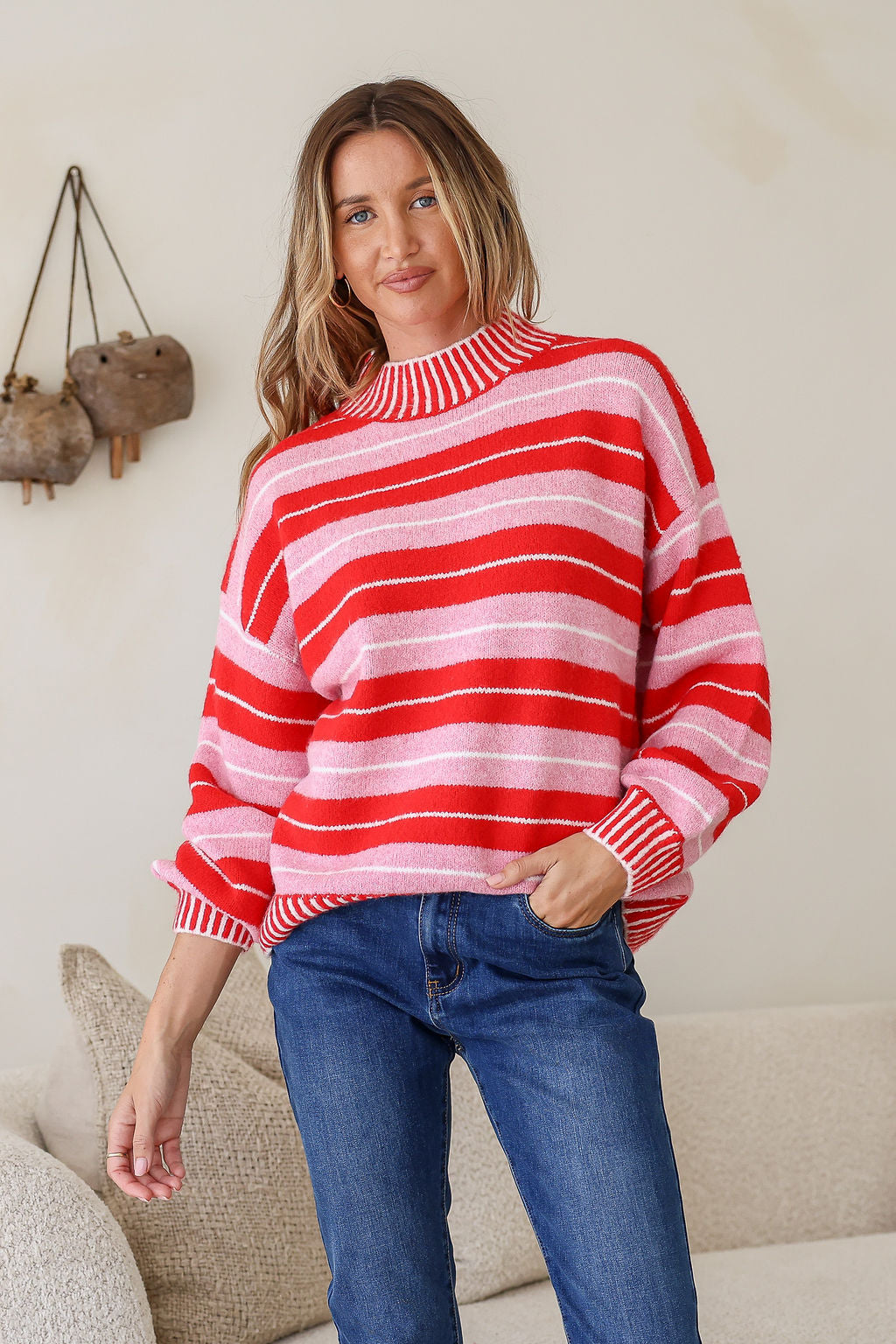 Bedford Stripe High Neck Tilly Knit - Red
