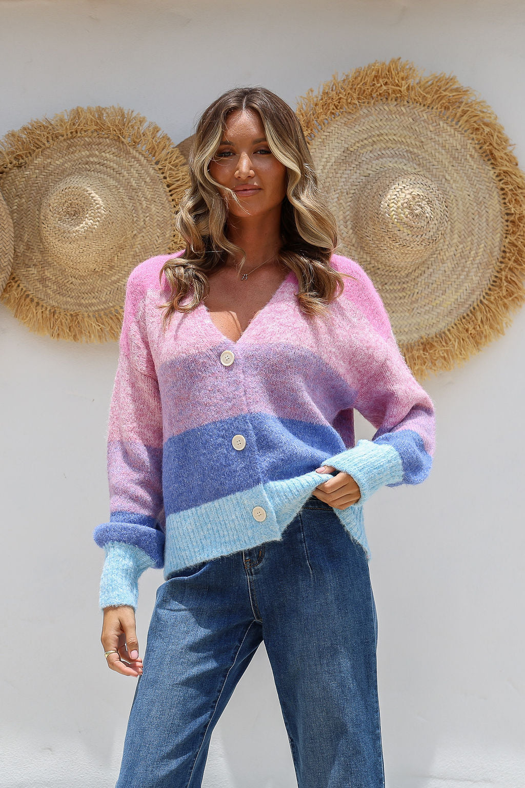 Pink Blue Ombre Stripe Cardigan - Berry Sorbet