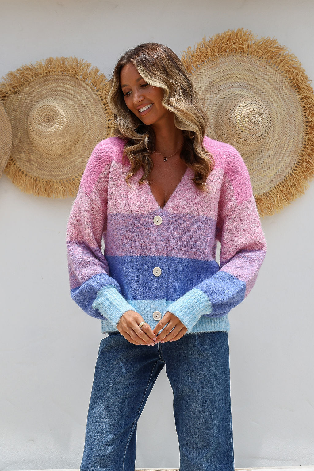 Pink Blue Ombre Stripe Cardigan - Berry Sorbet