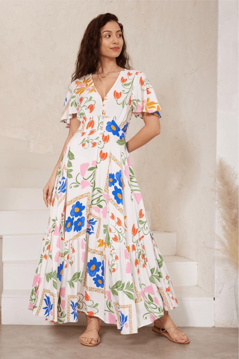 Lianna Flutter Sleeve Maxi Dress - Santorini