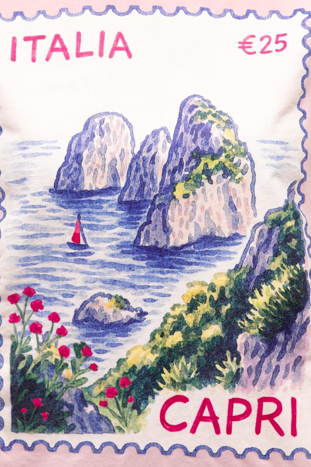Illustration of Capri island with a sailboat, flowers, and mountains on a pink background with 'ITALIA' and €25 text.