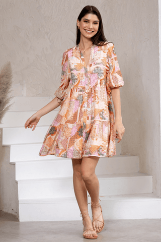 Baby Doll Mini Dress - Brown Floral