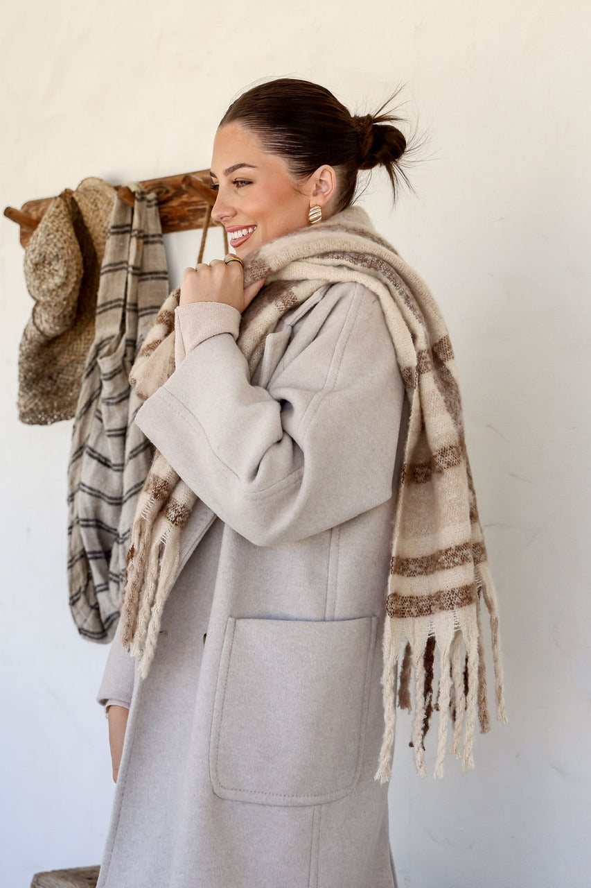 Latte Check Fringe Scarf