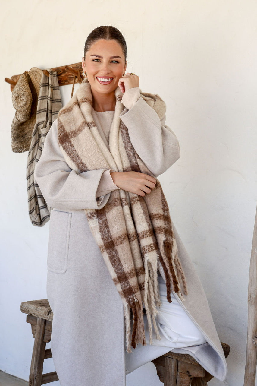 Latte Check Fringe Scarf